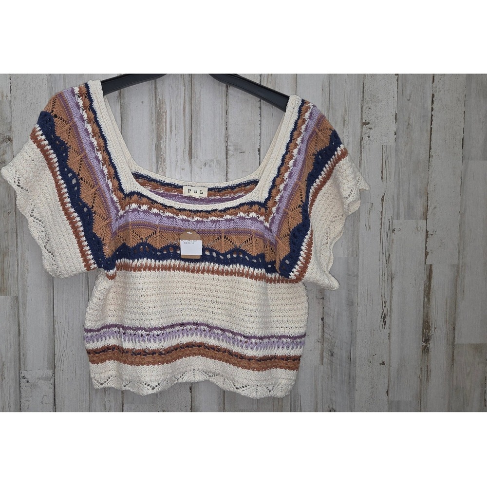 NWOT POL size L Crochet Hot Top Knit Crop Sweater Sheer Multicolor Boho Short